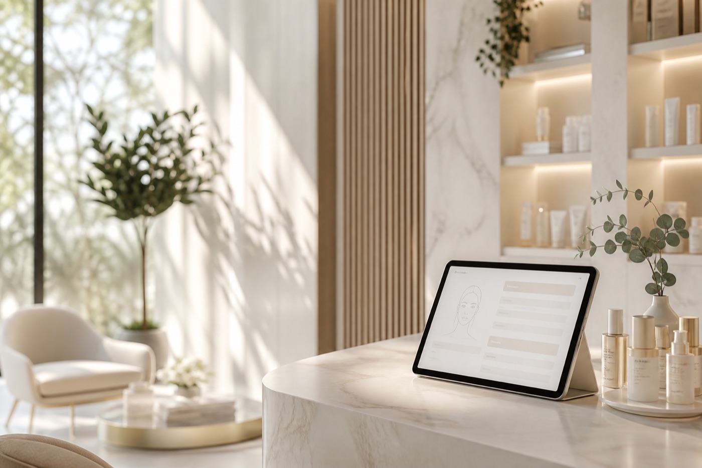 Modern med spa interior with tablet consultation intake