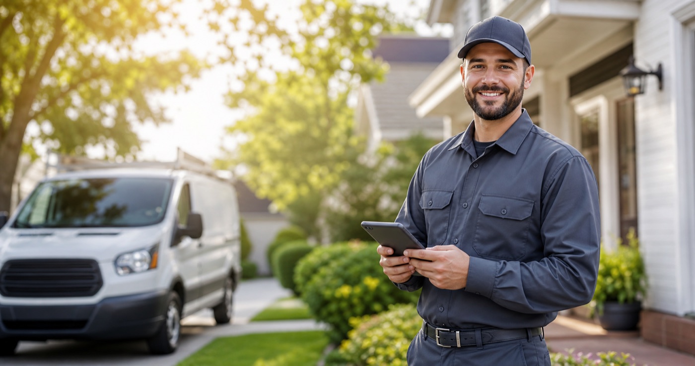 Pest control technician outside a home using a tablet