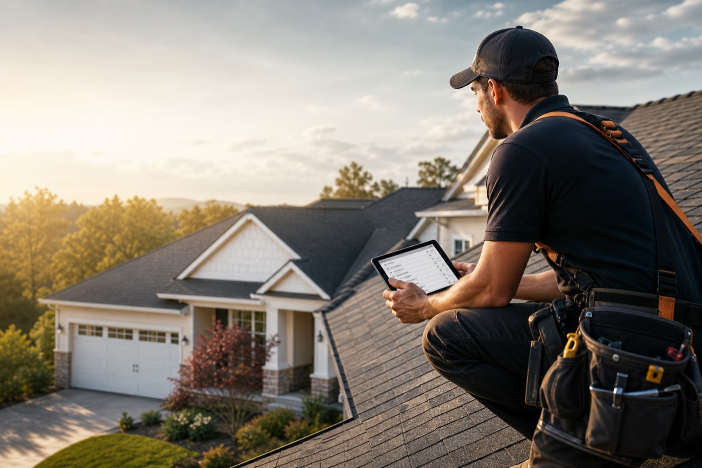 Roofing contractor reviewing a residential roof with a tablet